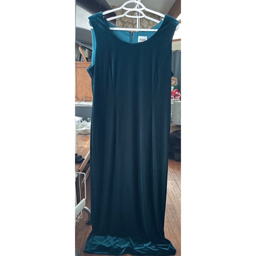 R&M Richards Teal Velvet Sleeveless‎ Maxi Dress Formal Evening Gown Size 14 90s